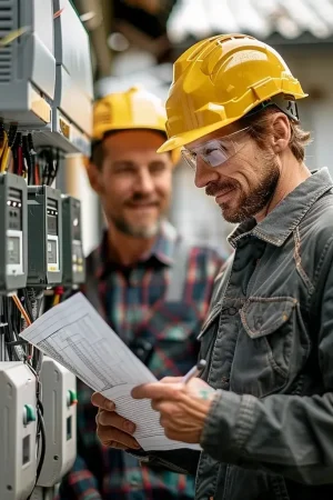 11 Der Elektriker hält Papiere in seinen Händen